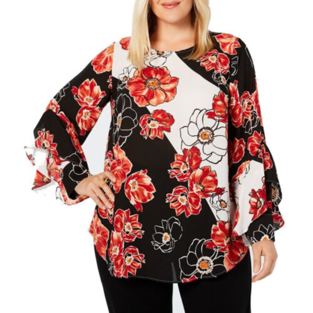 Alfani Plus Size Womens Red Black Floral Print Ruffled Long Sleeve Pullover Top